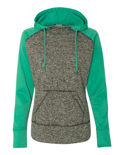 J. America Women’s Colorblocked Cosmic Fleece Hooded Sweatshirt 8618 #color_Charcoal Fleck/ Emerald