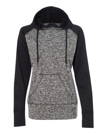 J. America Women’s Colorblocked Cosmic Fleece Hooded Sweatshirt 8618 #color_Charcoal Fleck/ Black