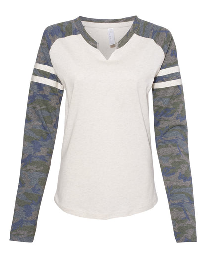 LAT Women's Fine Jersey Mash Up Long Sleeve T-Shirt 3534 #color_Natural Heather/ Vintage Camo/ Natural Heather