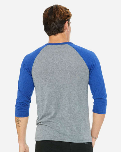 BELLA + CANVAS Unisex Three-Quarter Sleeve Baseball Tee 3200 #colormdl_Grey/ True Royal Triblend