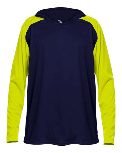 Badger Men's Breakout Hooded Long Sleeve T-Shirt 4235 #color_Navy/ Safety Yellow