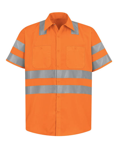 Red Kap Men's High Visibility Safety Short Sleeve Work Shirt SS24HV #color_OF-Fluorescent Orange
