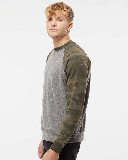 Independent Trading Co. Unisex Special Blend Raglan Crewneck Sweatshirt PRM30SBC #colormdl_Nickel Heather/ Forest Camo