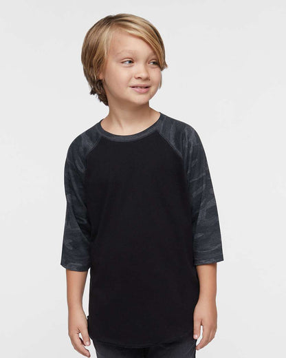 LAT Youth Baseball Fine Jersey Three-Quarter Sleeve Tee 6130 #colormdl_Black/ Storm Camo