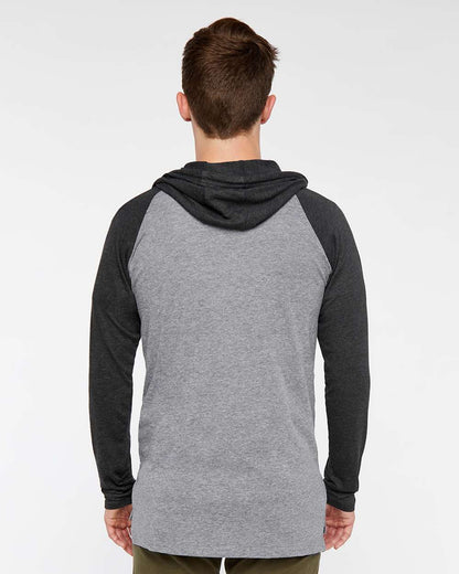 LAT Men's Fine Jersey Hooded Long Sleeve Raglan T-Shirt 6917 #colormdl_Granite Heather/ Vintage Smoke/ Black