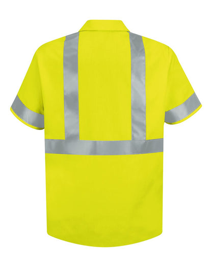 Red Kap Men's High Visibility Safety Short Sleeve Work Shirt SS24HV #color_HV-Fluorescent Yellow/ Green