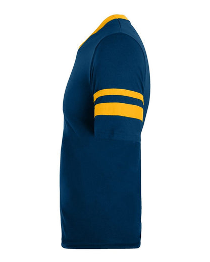 Augusta Sportswear V-Neck Jersey with Striped Sleeves 360 #color_Navy/ Gold