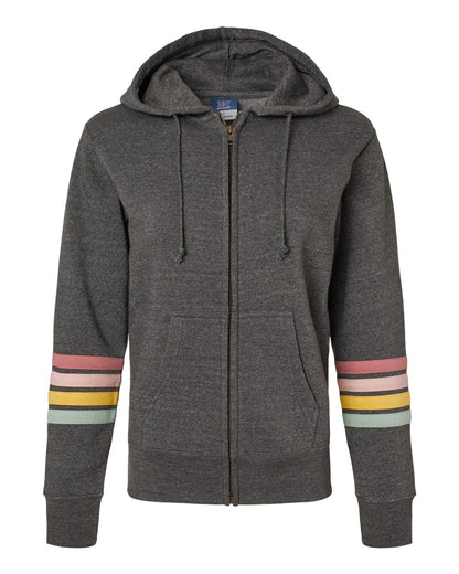 MV Sport Women's Striped Sleeves Full-Zip Hooded Sweatshirt W22732 #color_Charcoal
