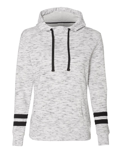J. America Women’s Mélange Fleece Striped-Sleeve Hooded Sweatshirt 8674 #color_White/ Black