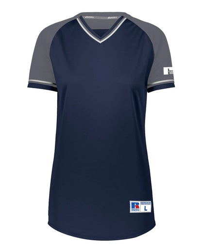 Russell Athletic Women's Classic V-Neck Jersey R01X3X #color_Navy/ Steel/ White