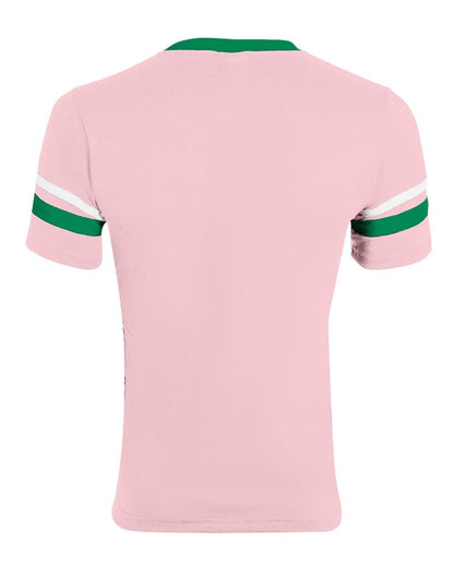 Augusta Sportswear V-Neck Jersey with Striped Sleeves 360 #color_Light Pink/ Kelly/ White