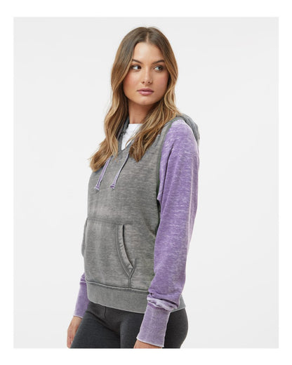 J. America Women's Zen Fleece Raglan Hooded Sweatshirt 8926 #colormdl_Cement/ Very Berry