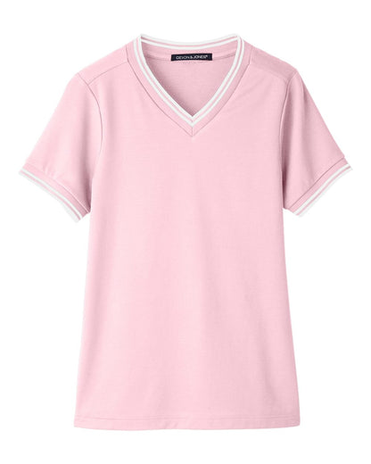Devon & Jones Women's CrownLux Performance® Plaited Tipped V-Neck Shirt DG20CW #color_Pink/ White