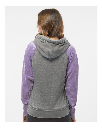 J. America Women's Zen Fleece Raglan Hooded Sweatshirt 8926 #colormdl_Cement/ Very Berry