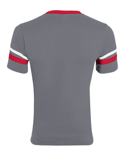 Augusta Sportswear Youth V-Neck Jersey with Striped Sleeves 361 #color_Graphite/ Red/ White