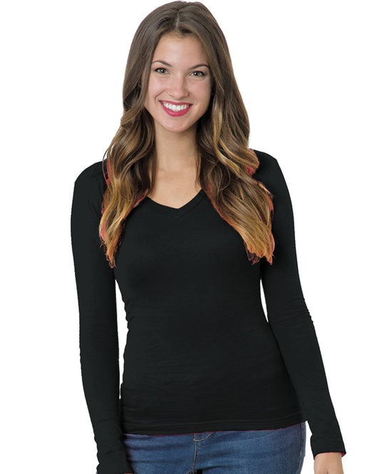 Bayside Women's USA-Made Deep V-Neck Long Sleeve T-Shirt 3415