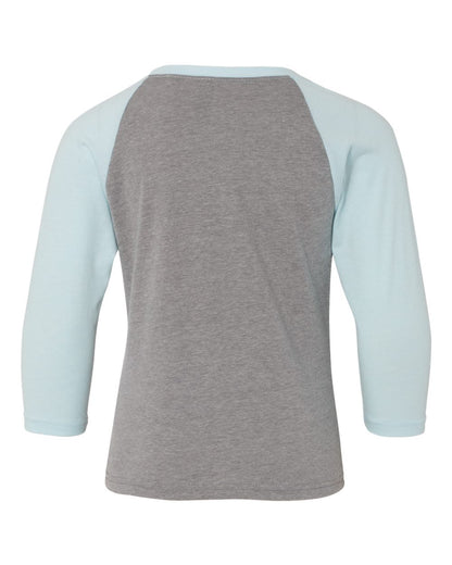 Next Level Youth CVC Three-Quarter Sleeve Raglan T-Shirt 3352 #color_Ice Blue Sleeves/ Dark Heather Grey Body