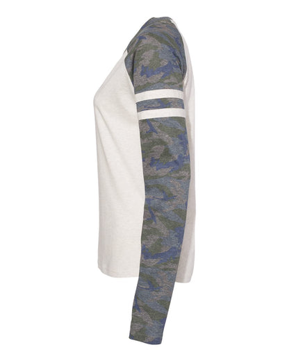 LAT Women's Fine Jersey Mash Up Long Sleeve T-Shirt 3534 #color_Natural Heather/ Vintage Camo/ Natural Heather