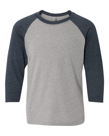 Next Level Youth CVC Three-Quarter Sleeve Raglan T-Shirt 3352 #color_Midnight Navy Sleeves/ Dark Heather Grey Body