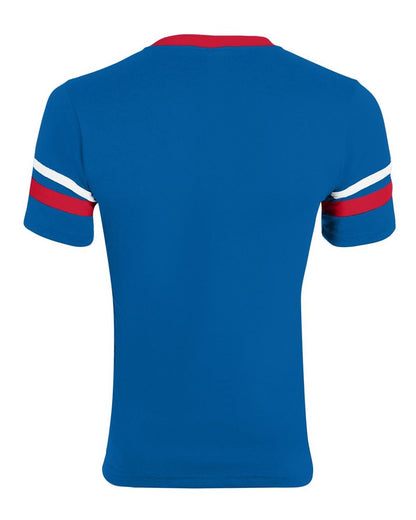 Augusta Sportswear V-Neck Jersey with Striped Sleeves 360 #color_Royal/ Red/ White