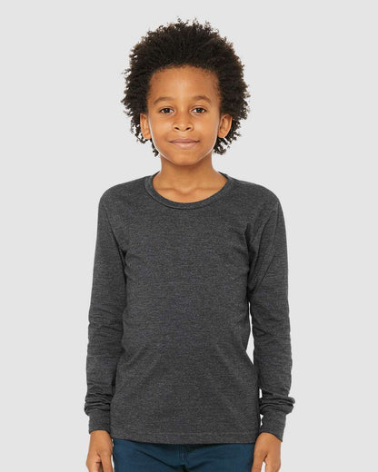 BELLA + CANVAS Youth Heather CVC Long Sleeve Tee 3501YCVC #colormdl_Dark Grey Heather