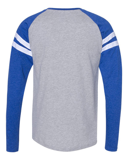 LAT Unisex Fine Jersey Mash Up Long Sleeve Tee 6934 #color_Vintage Heather/ Vintage Royal