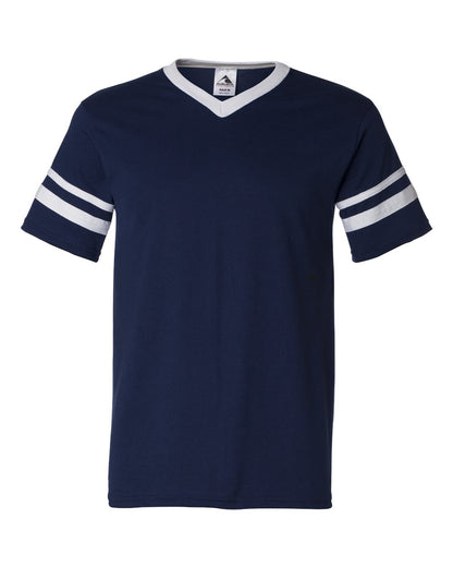 Augusta Sportswear V-Neck Jersey with Striped Sleeves 360 #color_Navy/ White