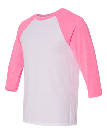 BELLA + CANVAS Three-Quarter Sleeve Baseball Tee 3200 #color_White/ Neon Pink