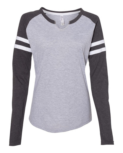 LAT Women's Fine Jersey Mash Up Long Sleeve T-Shirt 3534 #color_Vintage Heather/ Vintage Navy