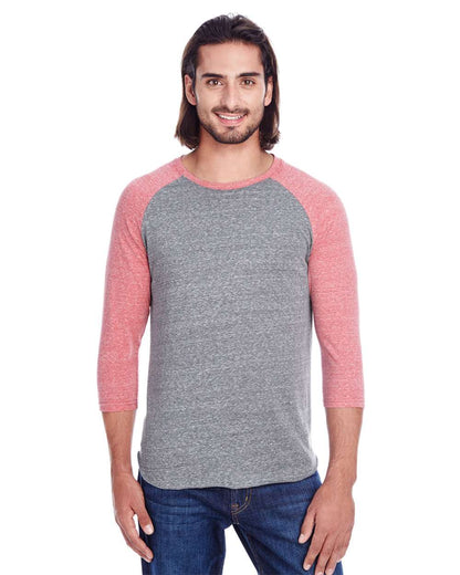 Threadfast Apparel Unisex Triblend Three-Quarter Sleeve Raglan T-Shirt 302G #colormdl_Grey/ Red Triblend