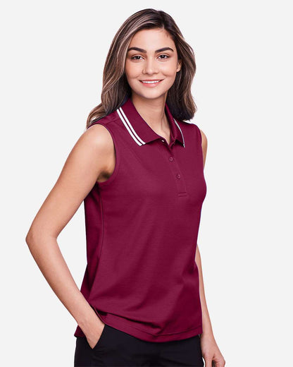 Devon & Jones Women's CrownLux Performance® Plaited Tipped Sleeveless Polo DG20SW #colormdl_Burgundy/ White