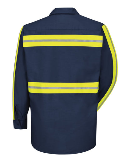 Red Kap Men's Tall Industrial Enhanced-Visibility Long Sleeve Work Shirt SP14ET #color_Navy/ Yellow Trim