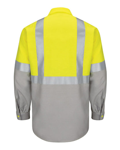 Red Kap Men's Enhanced & Hi-Visibility Long Sleeve Work Shirt SY14 #color_Fluorescent Yellow/ Green/ Grey
