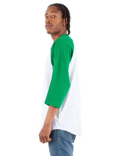 Shaka Wear Unisex Three-Quarter Sleeve Raglan T-Shirt SHRAG #colormdl_White/ Kelly Green