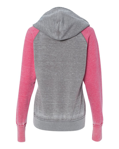 J. America Women's Zen Fleece Raglan Hooded Sweatshirt 8926 #color_Cement/ Wildberry