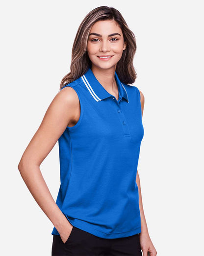 Devon & Jones Women's CrownLux Performance® Plaited Tipped Sleeveless Polo DG20SW #colormdl_French Blue/ White