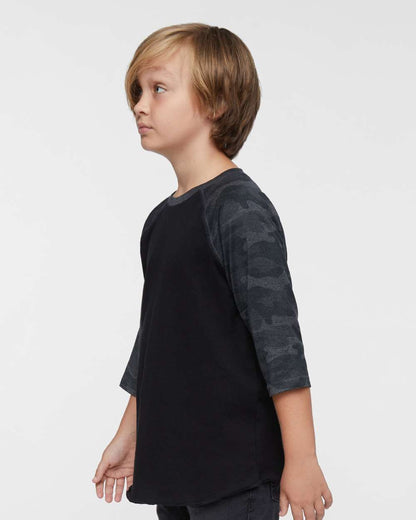 LAT Youth Baseball Fine Jersey Three-Quarter Sleeve Tee 6130 #colormdl_Black/ Storm Camo