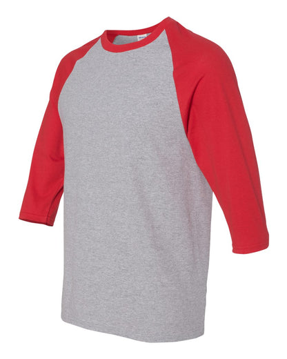 Gildan Heavy Cotton™ Raglan Three-Quarter Sleeve T-Shirt 5700 #color_Sport Grey/ Red