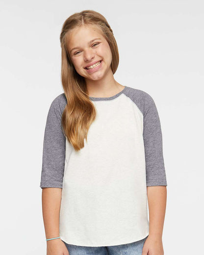 LAT Youth Baseball Fine Jersey Three-Quarter Sleeve Tee 6130 #colormdl_Natural Heather/ Granite Heather