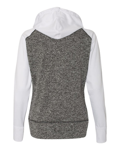 J. America Women’s Colorblocked Cosmic Fleece Hooded Sweatshirt 8618 #color_Charcoal Fleck/ White