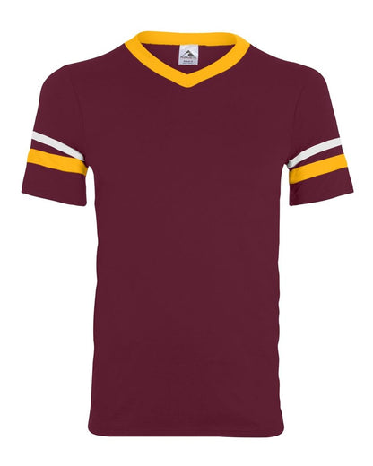 Augusta Sportswear V-Neck Jersey with Striped Sleeves 360 #color_Maroon/ Gold/ White