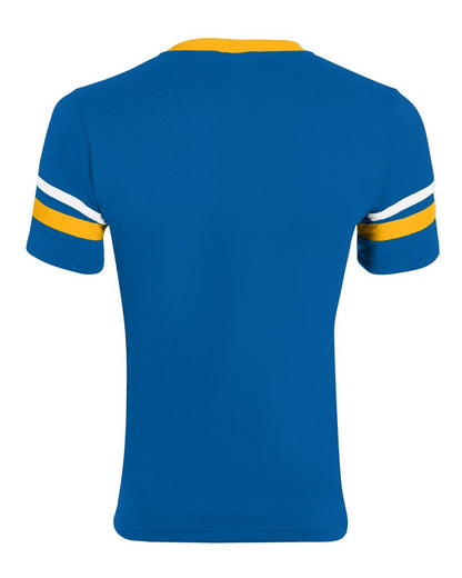 Augusta Sportswear V-Neck Jersey with Striped Sleeves 360 #color_Royal/ Gold/ White