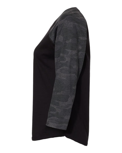 LAT Women's Baseball Fine Jersey Three-Quarter Sleeve Tee 3530 #color_Black/ Storm Camo