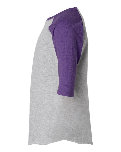 LAT Youth Baseball Fine Jersey Three-Quarter Sleeve Tee 6130 #color_Vintage Heather/ Vintage Purple