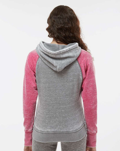 J. America Women's Zen Fleece Raglan Hooded Sweatshirt 8926 #colormdl_Cement/ Wildberry