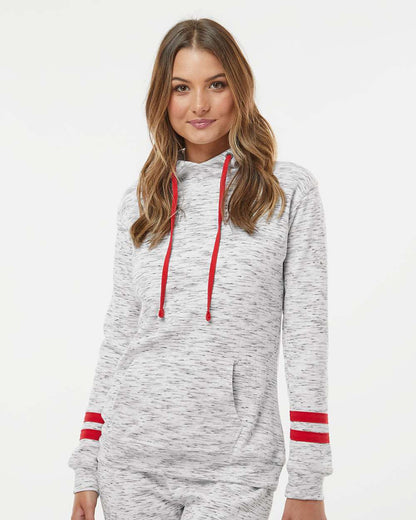 J. America Women’s Mélange Fleece Striped-Sleeve Hooded Sweatshirt 8674 #colormdl_White/ Red