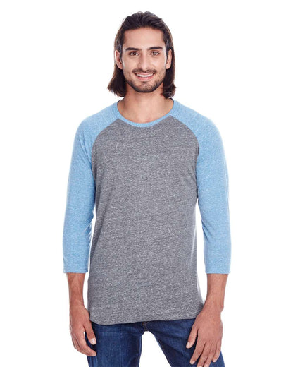 Threadfast Apparel Unisex Triblend Three-Quarter Sleeve Raglan T-Shirt 302G #colormdl_Grey/ Royal Triblend