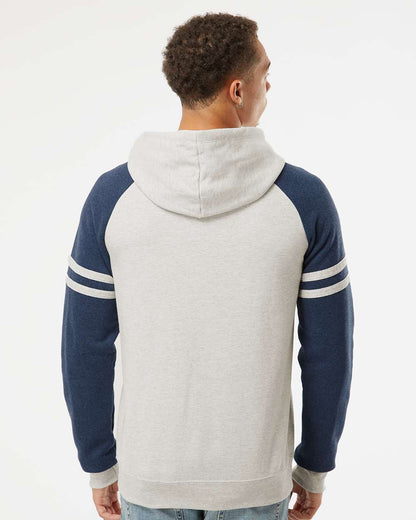 JERZEES Unisex Nublend® Varsity Colorblocked Raglan Hooded Sweatshirt 97CR #colormdl_Oatmeal Heather/ Indigo Heather