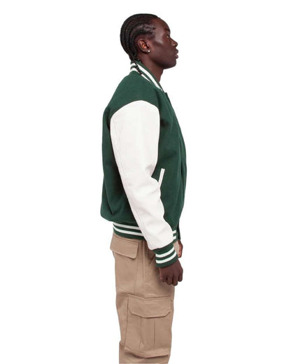 Shaka Wear Men's Letterman Jacket SHLLJ #colormdl_Hunter Green/ White