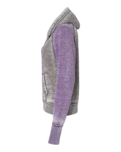 J. America Women's Zen Fleece Raglan Hooded Sweatshirt 8926 #color_Cement/ Very Berry